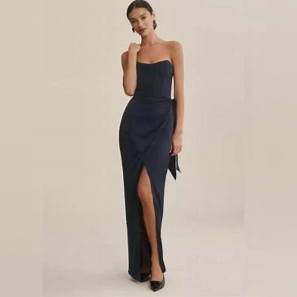V. Chapman Navy June Corset Jacquard Front-Slit Gown - Worn Once